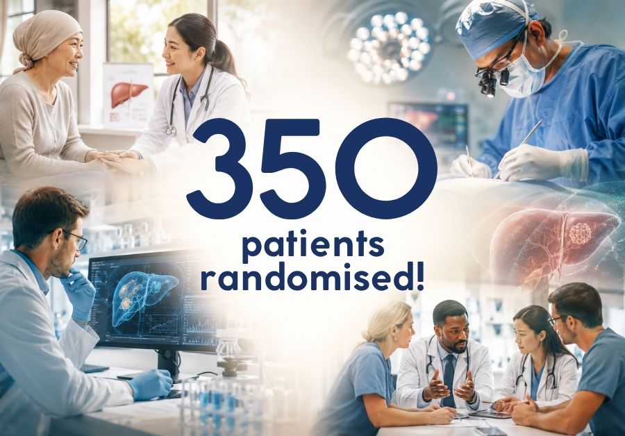 Aquí va el SEO para esa imagen:Alt Text:

"Collage of doctors, researchers and patients celebrating 350 patients randomised in the LIVERATION clinical trial